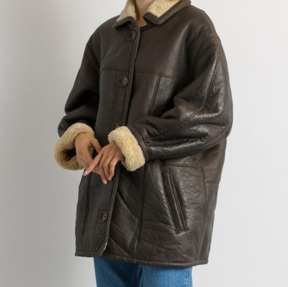 80s Western Sheepskin Coat, Size L Brown Shearling Coat Vintage Leather Jacket - Picture 4 of 16